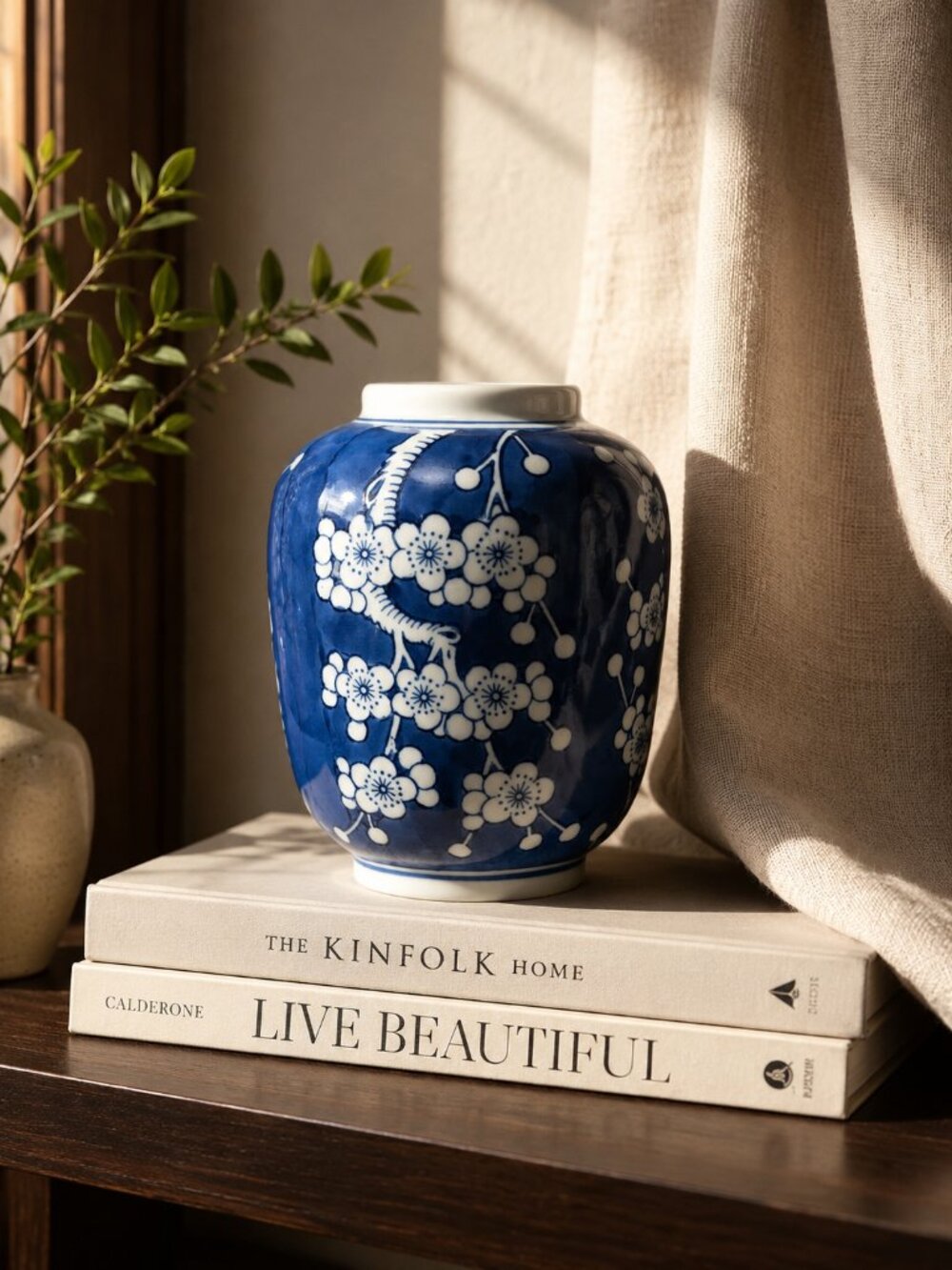 Vintage Blue & White Cherry Blossom Ginger Jar Vase | Japandi Chinoiserie Decor